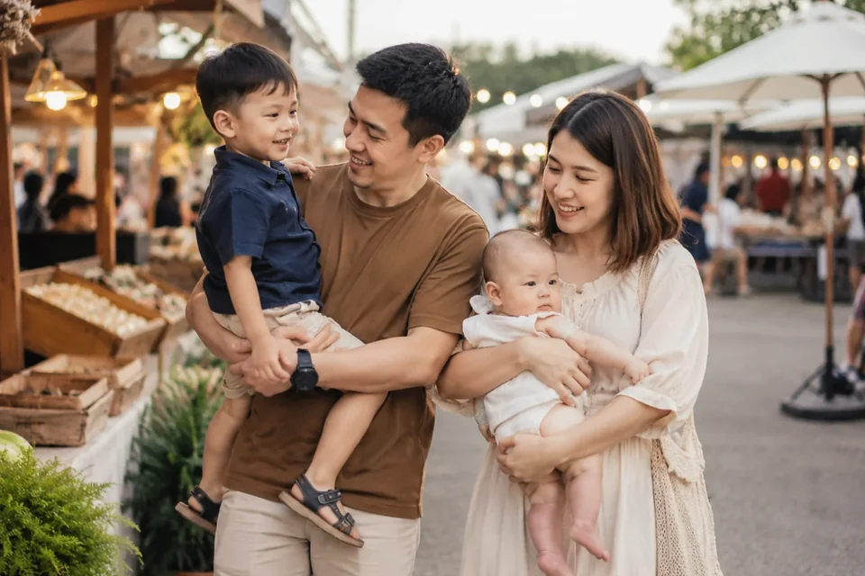 พ่อแม่พาทารกและพี่ชายวัยอนุบาลเดินเที่ยวตลาดครอบครัว