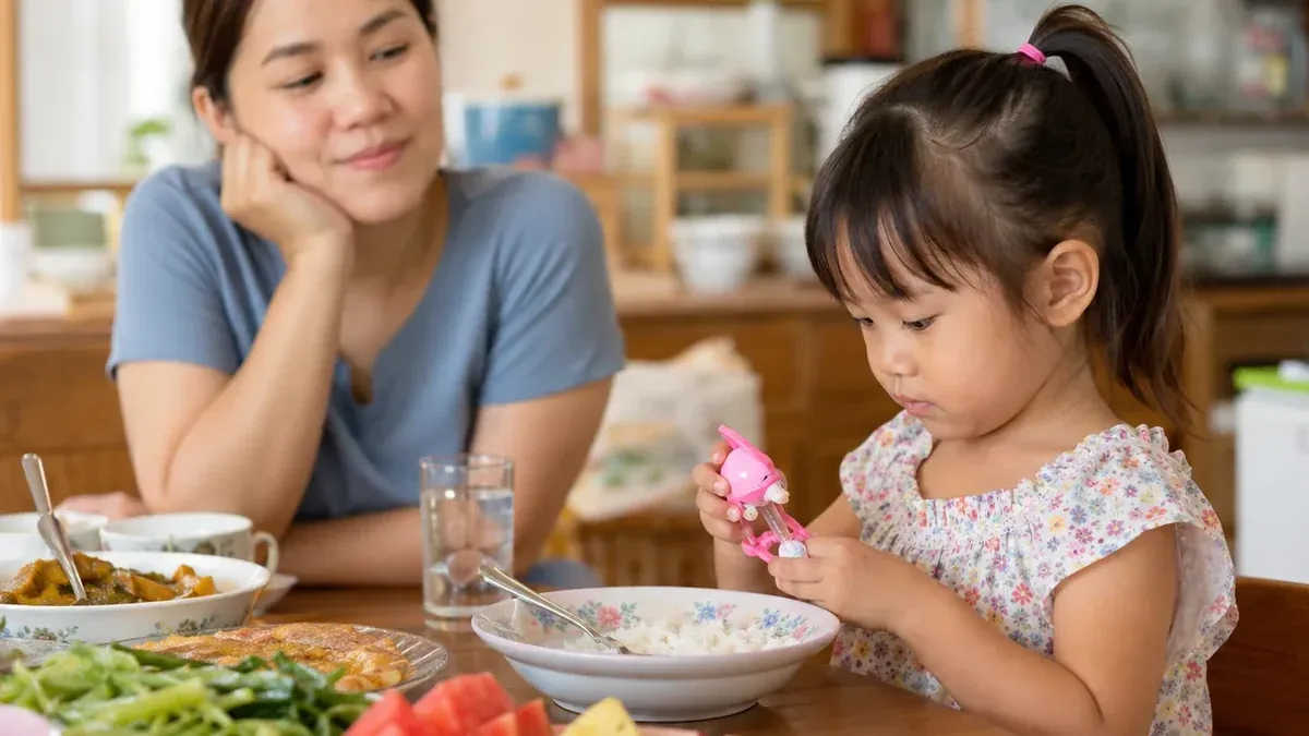 คุณแม่รับประทานอาหารกับลูกสองวัย มีผักและอาหารหลายชนิดบนโต๊ะ