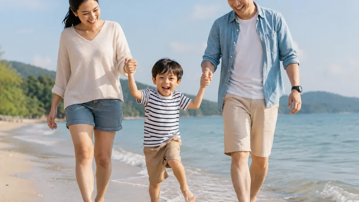 พ่อแม่เดินเล่นริมหาดกับลูกชายในวันหยุด